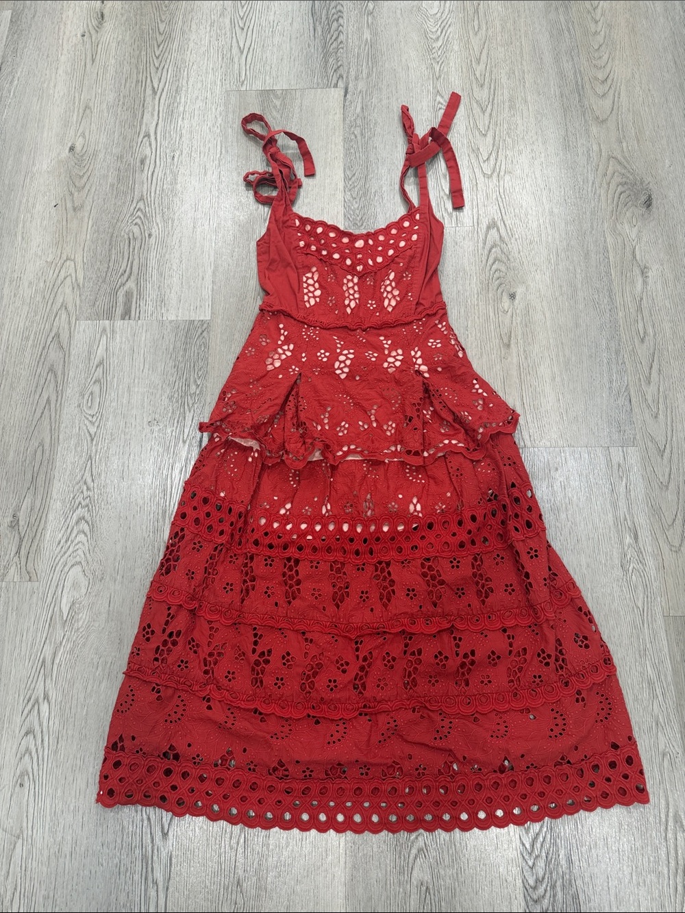 Three Floor Red Eyelet Tiered Midi Dress